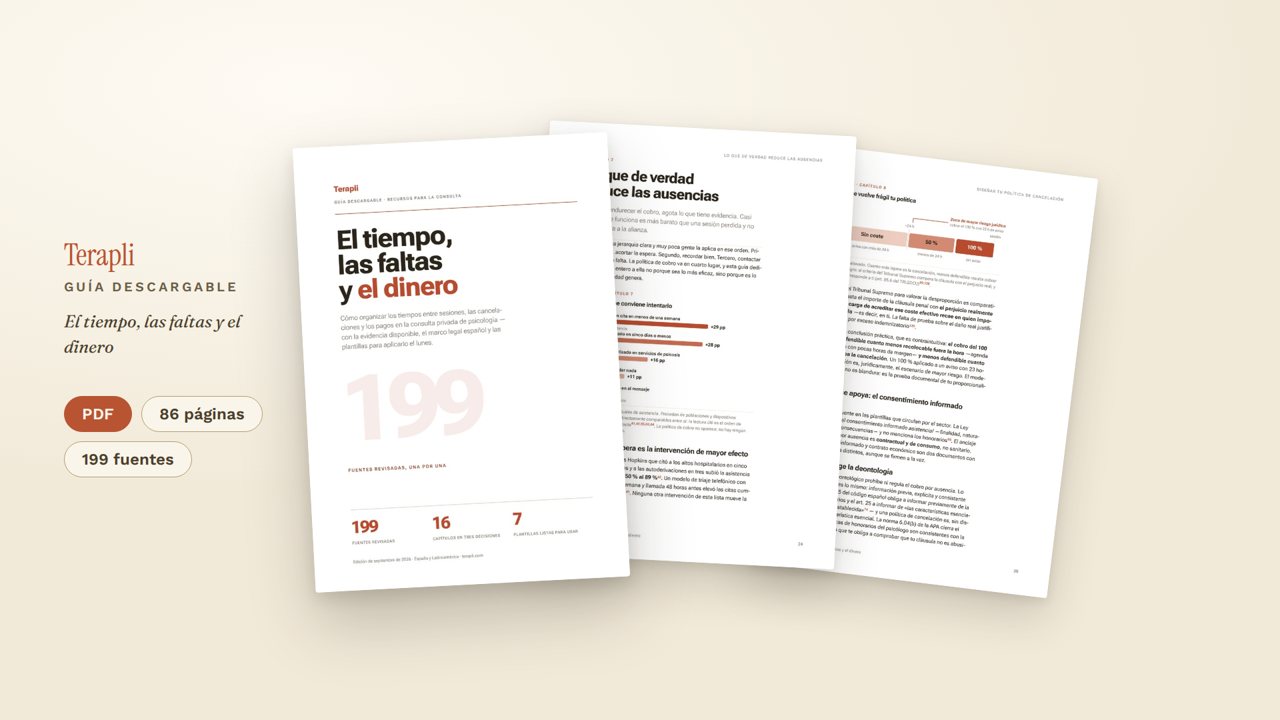 Tres páginas de la guía: la portada, un capítulo con datos de inasistencia y una de las plantillas