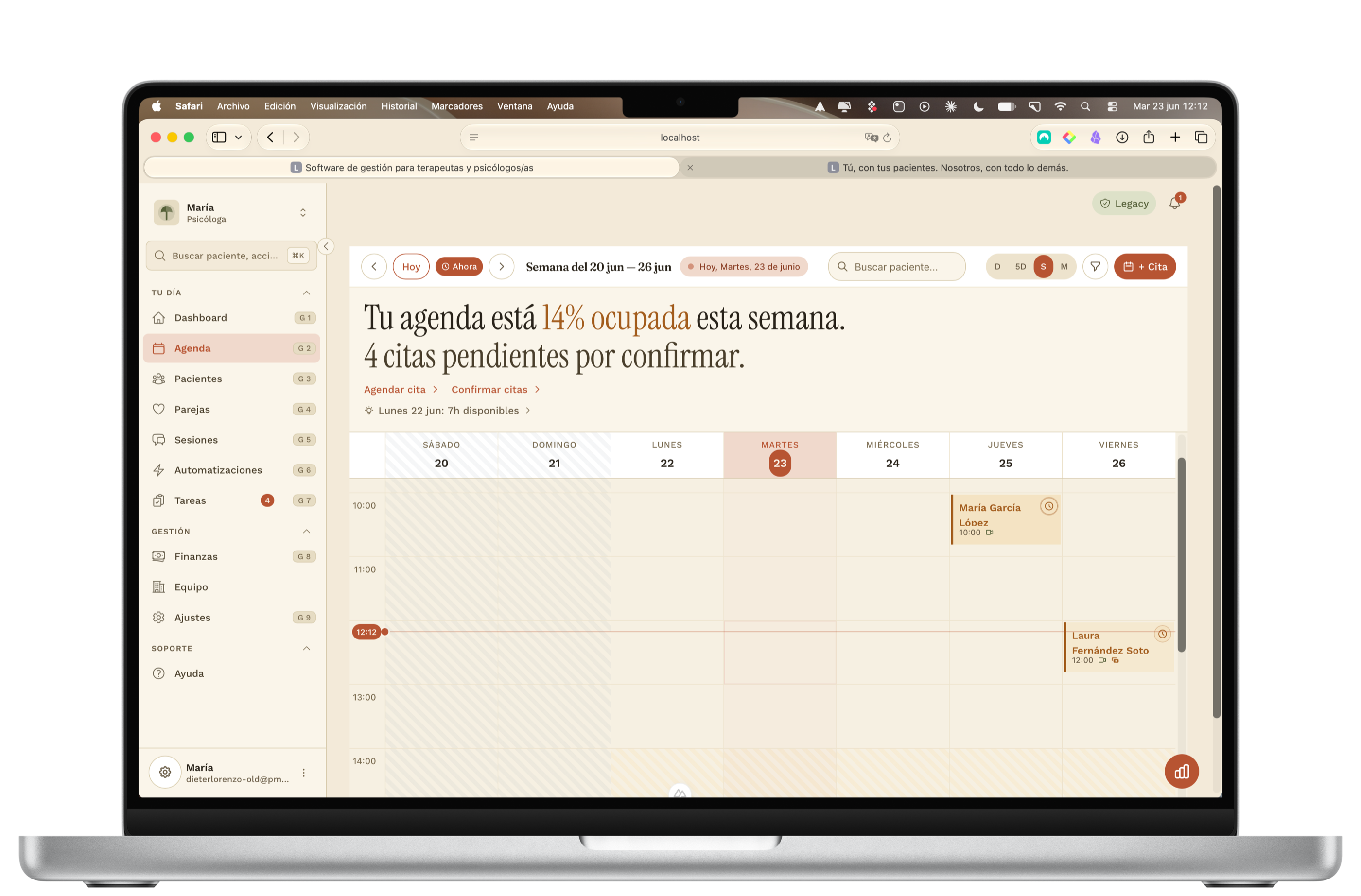 Agenda semanal de Terapli con ocupación y citas por confirmar
