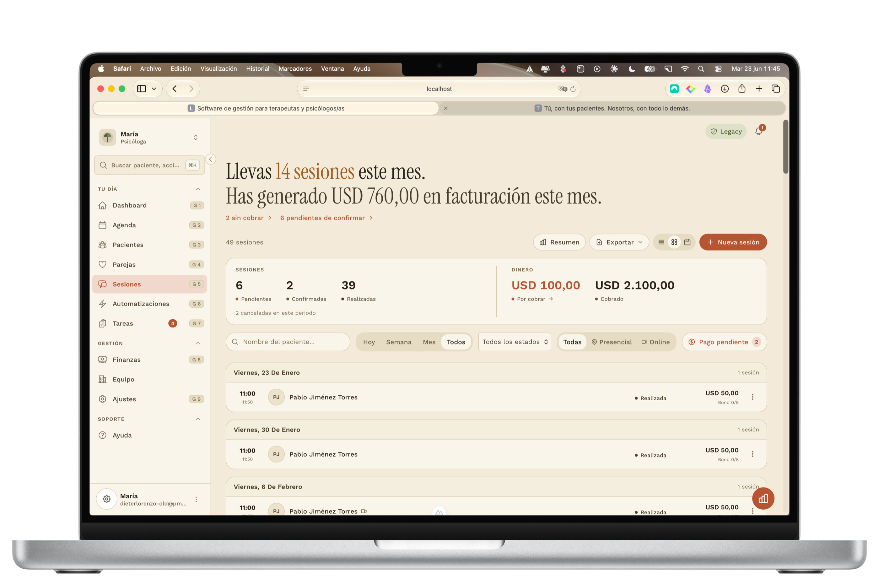 Registro de sesiones de Terapli con resumen de facturación del mes
